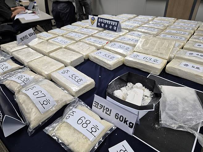 정부는 16일부터 오는 6월 15일까지 60일 동안 마약류 범정부 특별단속을 시행한다고 밝혔다. 사진은 중부지방해양경찰청 마약수사대가 1800억 원 상당의 코카인 마약 조직을 검거한 모습. 2024.8.19(ⓒ뉴스1, 무단 전재-재배포 금지)