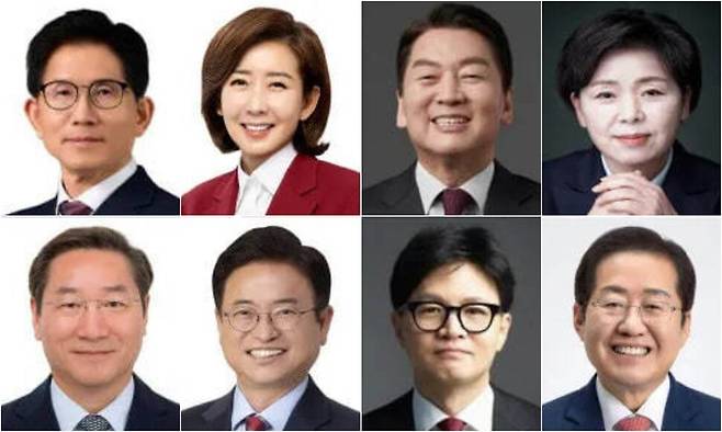 국민의힘 6·3 대선후보 경선 서류심사를 통과한 후보들. 윗줄 왼쪽부터 김문수 전 고용노동부 장관, 나경원 의원, 안철수 의원, 양향자 전 의원, 유정복 인천시장, 이철우 경북지사, 한동훈 전 대표, 홍준표 전 대구시장. 연합뉴스