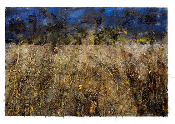 안젤름 키퍼, 밤의 밀밭, 2019~21, 캔버스에 에멀전ㆍ유화ㆍ아크릴ㆍ금박ㆍ짚ㆍ흙ㆍ철, 380x570㎝, ⓒ안젤름 키퍼. 사진 반 고흐 미술관