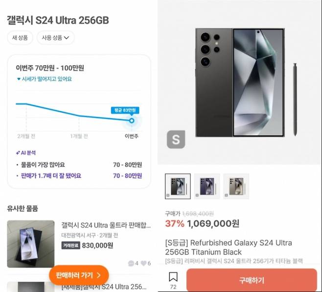 왼쪽부터 당근마켓의 갤럭시S24울트라 256GB 중고 제품 가격시세와 크림의 리퍼비시 해당 제품 S급 가격. 사진=당근마켓, 크림 갈무리