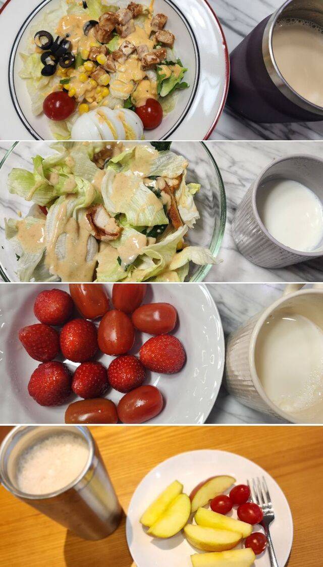 기자는 14일부터 이틀간 채식 위주의 식단으로 ‘탄소 금식’에 동참했다. 치킨 콥샐러드와 양상추 치킨텐더 샐러드를 비롯해 방울토마토와 딸기, 사과 등으로 진행한 식단 모습(위쪽부터).