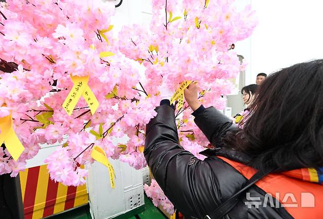 [진도=뉴시스] 김혜인 기자 = 세월호 참사 11주기를 맞은 16일 오전 전남 진도군 맹골수도에서 열린 선상추모식에 앞서 0416단원고가족협의회 세월호 유족이 희생자를 기리는 노란리본을 달고 있다. 2025.04.16. hyein0342@newsis.com