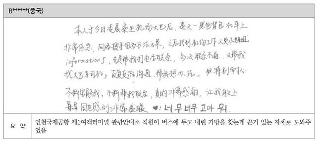 전체 불편신고 건수는 급증한 반면 긍정적 측면을 담은 ‘불편 외 사항’ 건수는 전년보다 26건 감소했다. 사진은 중국인 관광객이 감사한 마음을 전한 엽서 내용. 한국관광공사