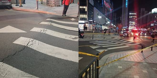 지난 15일 오후 8시쯤 부평역 앞 횡단보도에서 가로 5m, 깊이 10㎝&nbsp;규모의 땅꺼짐이 발생했다. 연합뉴스(인천시 제공)