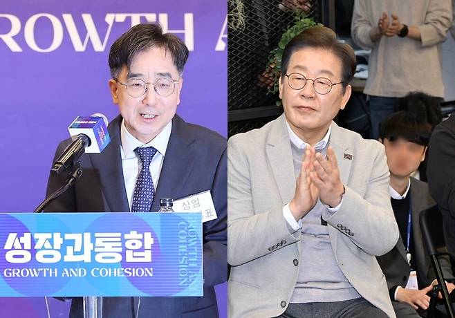 왼쪽은 4월16일 국회도서관 대강당에서 열린 더불어민주당 이재명 전 대표의 싱크탱크 '성장과 통합' 출범식에서 유종일 상임 공동대표가 개회사를 하는 모습이다. 오른쪽은 이재명 전 대표가 4월14일 퓨리오사AI 기업을 방문한 모습.ⓒ 연합뉴스