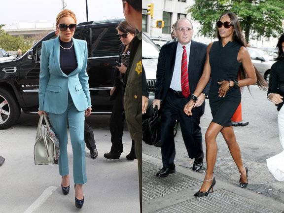 무채색 대신 산뜻한 컬러수트 차림으로 법원에 출두한 린제이 로한(왼쪽). 나오미 캠벨은 블랙 원피스와 크리스찬루부탱 하이힐로 클래식하면서도강렬한 인상을 남겼다(오른쪽).