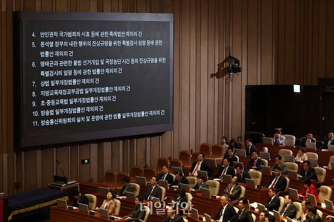 17일 오후 서울 여의도 국회 본청에서 열린 국회 본회의에서 이른바 '내란 특검법','명태균 특검법','상법 개정안','방송법 개정안' 등의 재의의 건이 상정되고 있다.ⓒ데일리안 홍금표 기자