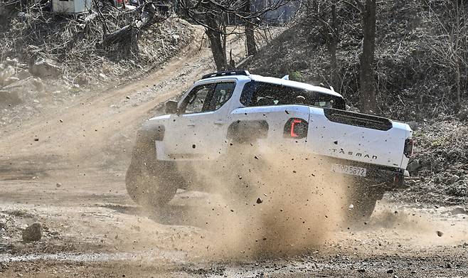 모글 구간을 건너는 중인 타스만의 모습