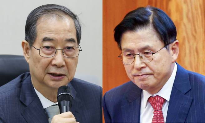 15일 기아 오토랜드 광주공장에서 자동차산업 현장 간담회를 하고 있는 한덕수(왼쪽) 대통령 권한대행 국무총리와 지난 2월 헌법재판소 대심판정에 출석한 황교안(오른쪽) 전 국무총리. 연합뉴스, 사진공동취재단