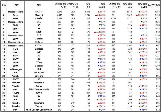 2025년 3월, 수입 차량 모델별 신차등록 대수 / 출처=한국수입자동차협회