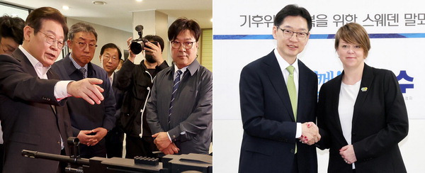 더불어민주당 이재명 전 대표가 17일 대전 유성구 국방과학연구소(ADD)에서 AI기반 무인체계 연구개발 현장을 둘러보고 있다. 오른쪽 사진은 민주당 김경수 전 경남도지사가 이날 경기 고양시 일산서구청에서 카트린 스테른펠트 잠메 스웨덴 말뫼 시장을 만나 인사하는 모습.  김정록 기자 연합뉴스