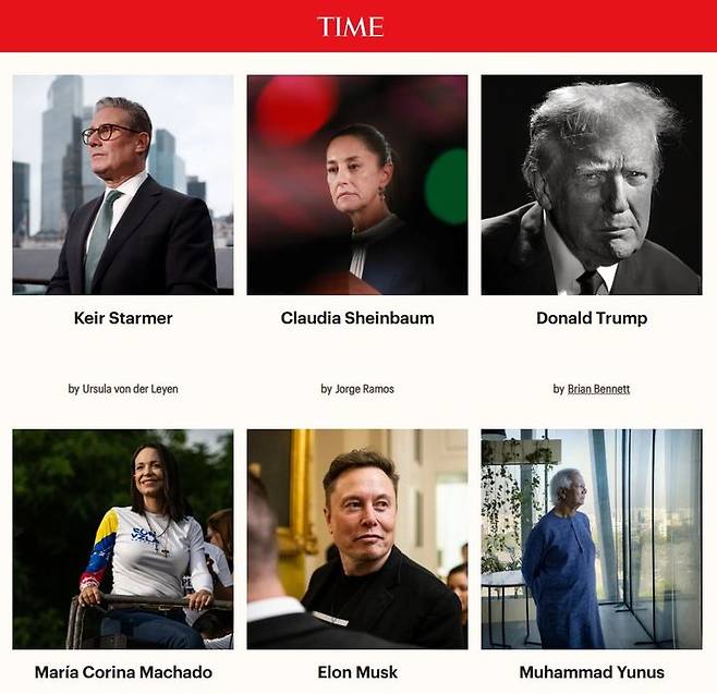 [서울=뉴시스] 미국 시사주간지 타임은 16일(현지 시간) 2025 세계에서 가장 영향력 있는 100인(TIME 100)을 발표했다. '지도자(leaders)' 부문에 선정된 도널드 트럼프 미국 대통령(윗줄 오른쪽), 키어 스타머 영국 총리(윗줄 왼쪽), 일론 머스크 테슬라 최고경영자(CEO) 등이 보인다. (사진=타임 웹사이트 갈무리)
