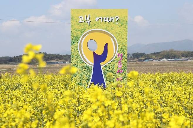 [정읍=뉴시스] 김종효 기자 = 17일 정읍 고부천 유채꽃밭 속 '정읍사여인' 포토존이 방문객 중 찾아올 얼굴모델을 기다리고 있다.(사진 = 정읍시 제공) 2025.04.17. photo@newsis.com  *재판매 및 DB 금지