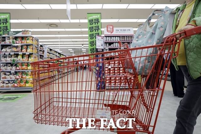 농림축산식품부는 2025년도 추가경정예산안에 공공배달앱 할인과 농축산물 할인 지원 사업 등 민생 안정을 위해 1150억원을 편성했다고 18일 밝혔다. 사진은 대형마트에서 장을 보는 한 시민의 모습./뉴시스
