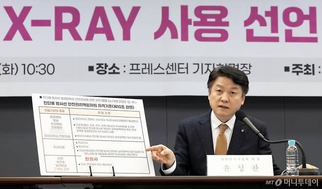 (서울=뉴스1) 이승배 기자 = 윤성찬 대한한의사협회 회장이 25일 오전 서울 중구 프레스센터에서 한의사의 엑스레이(X-ray) 사용 선언 긴급 기자회견을 하고 있다. 앞서 지난 1월 수원지방법원은 엑스레이 방식의 골밀도측정기를 환자 진료에 사용했다는 이유로 의료법 위반 약식명령을 받은 한의사에 대해 무죄를 선고했다. 2025.2.25/뉴스1 Copyright (C) 뉴스1. All rights reserved. 무단 전재 및 재배포, AI학습 이용 금지. /사진=(서울=뉴스1) 이승배 기자