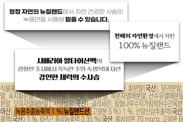 주요 TV홈쇼핑에서 판매되는 녹용 관련 제품의 홍보 문구와 원산지 표시사항.