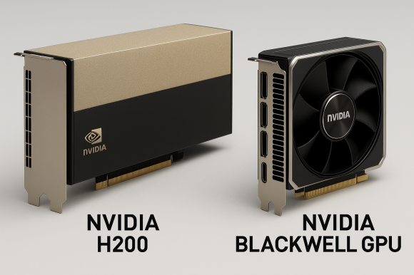 엔비니아 그래픽처리장치(GPU) H200과 블랙웰 이미지. <자료: 챗GPT>