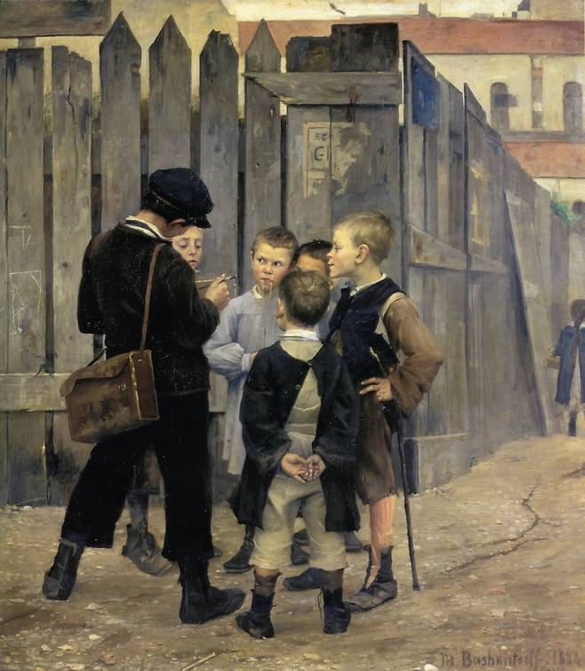 만남(1884). 허름한 옷과 신발, 배경을 통해 소년들이 가난한 노동자 계층 출신임을 보여준다. /오르셰미술관
