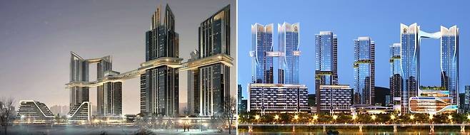 용산정비창 전면1구역 재개발 사업에 참여한 HDC현대산업개발의 조감도(왼쪽)과 포스코이앤씨의 조감도(오른쪽). [각 사 제공]