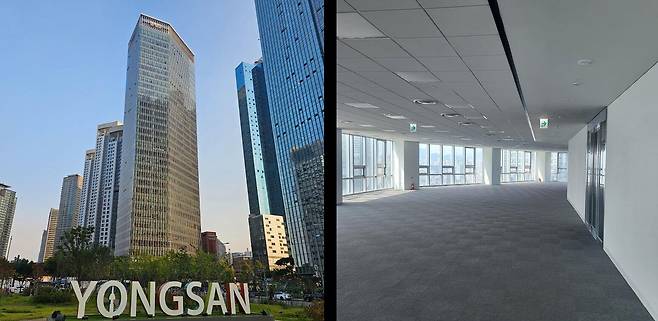 서울 용산 센트럴타워 전경(왼쪽)과 21층 일부. /온비드 제공