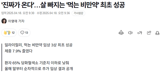 image.png 위고비를 대체할 다이어트약 게임체인저 `오르포글리프론` 3차임상 성공