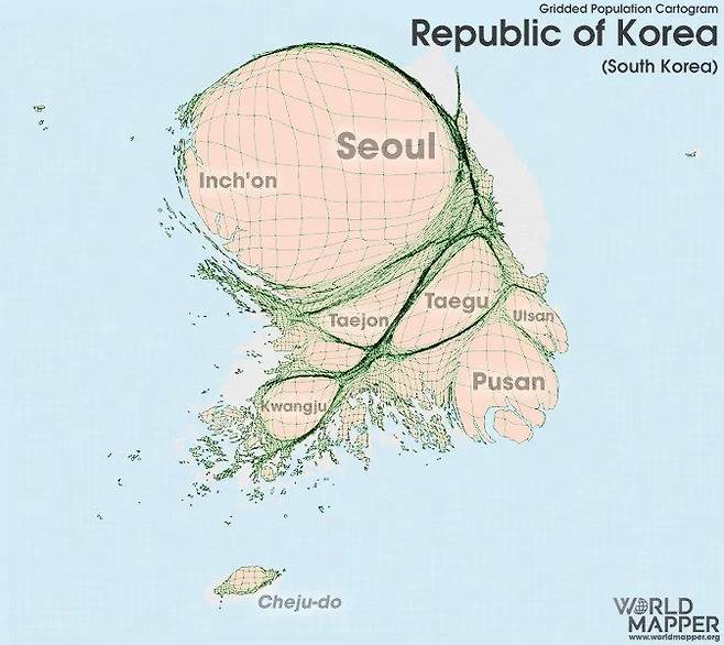 인구밀도에 비례하여 다시 그린 한국 지도