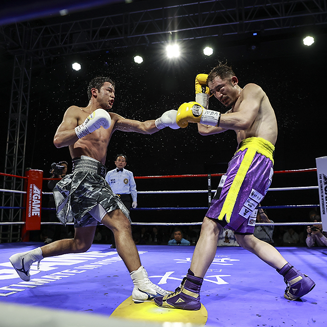 세계복싱협회 라이트급 아시아 챔피언 최시로가 2025년 4월 경기도 남양주체육문화센터 타이틀 1차 방어전에서 세계복싱기구 아시아태평양 및 동양태평양복싱연맹 통합 챔피언을 지낸 도전자 요시노 슈이치로를 공격하고 있다. 사진=FINAL FLASH 박종혁 기자