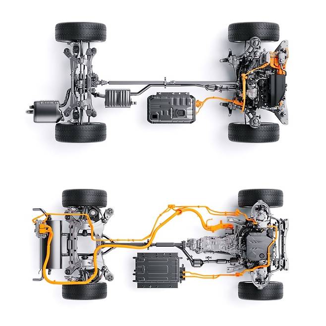현대차그룹 2.5 터보 하이브리드 시스템(위), 현대차그룹 2.5 터보 후륜 하이브리드 시스템 [현대차그룹 제공]