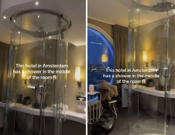 최근 한 인플루언서가 네덜란드 암스테르담 ‘플레처 호텔’에서 촬영한 영상. 객실 한가운데 놓인 완전 투명한 샤워부스를 발견하고 놀라움을 표현했다. 인스타그램 캡처