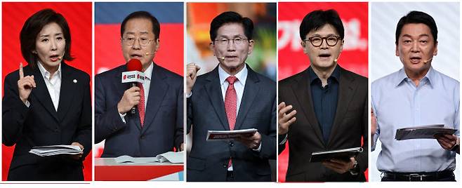 국민의힘 대선 예비후보. 왼쪽부터 나경원·홍준표·김문수·한동훈·안철수 후보.(사진=국회사진기자단)