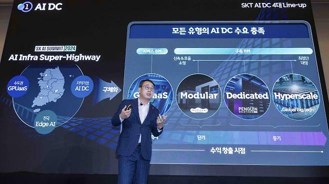 유영상 SKT 대표가 MWC25에서 열린 기자간담회에서 AI 사업 고도화 전략을 설명하고 있다(사진=SKT)