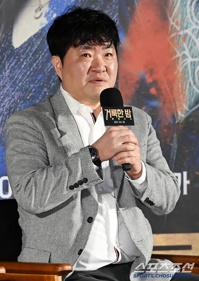 2일 롯데시네마 건대입구에서 열린 영화 '거룩한 밤: 데몬 헌터스'의 제작보고회, 질문에 답하는 임대희 감독의 모습. 허상욱 기자 wook@sportschosun.com/2025.04.02/