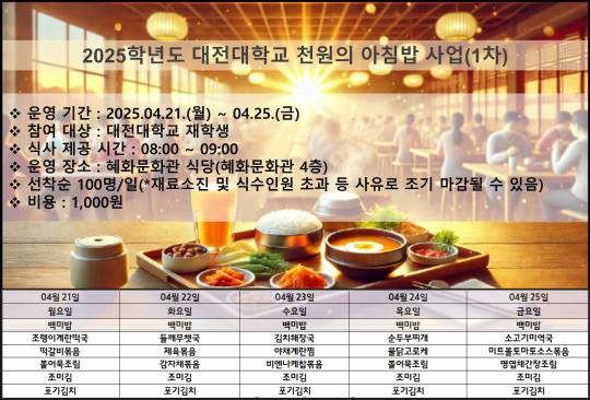 대전대학교 천원의 아침밥 식단. 대전대 제공