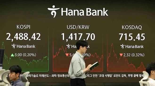 21일 서울 중구 하나은행 본점 딜링룸 전광판에 코스피·코스닥지수, 원·달러 환율 종가가 표시돼 있다. ⓒ뉴시스