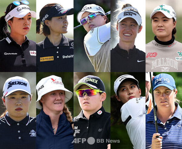 2025년 미국여자프로골프(LPGA) 투어 JM 이글 LA 챔피언십에 출전한 윤이나, 전인지, 고진영 프로, 넬리 코다, 이민지, 다케다 리오, 잉리드 린드블라드, 이와이 아키에, 지노 티띠꾼, 로런 코글린. 사진제공=ⓒAFPBBNews = News1