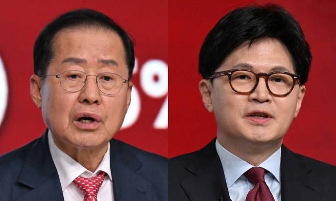 20일 서울 강서구 아싸아트홀에서 열린 국민의힘 제21대 대통령 후보자 1차 경선 조별 토론회에서 비(B)조 홍준표 후보와 한동훈 후보가 발언하고 있다. 국회사진기자단