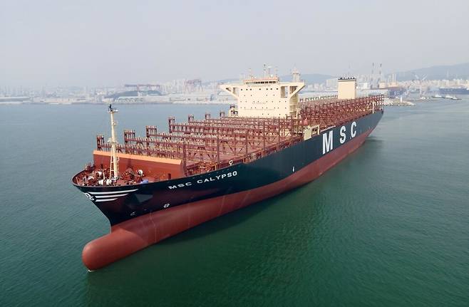 HD한국조선해양이 2023년 인도한 초대형 컨테이너선의 시운전 모습. HD한국조선해양 제공