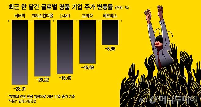 최근 한 달간 글로벌 명품 기업 주가 변동률. /그래픽=윤선정
