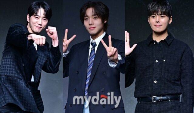 왼쪽부터 배우 이준영, 박지훈, 려운이 21일 서울 마포통 호텔 나루 엠갤러리에서 진행된 넷플릭스 시리즈 '약한영웅 Class 2' 제작발표회에 참석해 함께 포즈를 취했다. / 한혁승 기자(hanfoto@mydaily.co.kr)