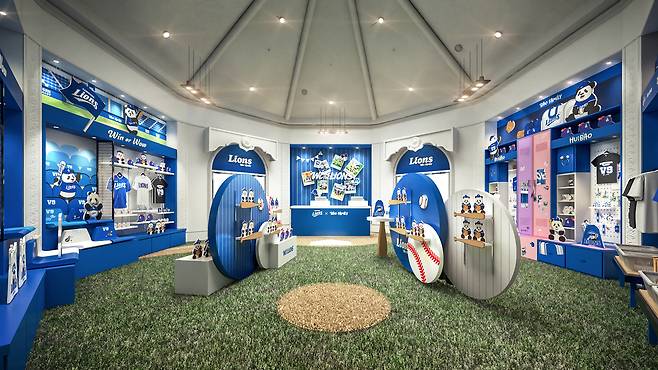 삼성물산 리조트부문이 운영하는 에버랜드가 삼성 라이온즈와 손잡고 선보인 ‘삼성 라이온즈X바오패밀리’ 팝업 스토어. [삼성물산 제공]