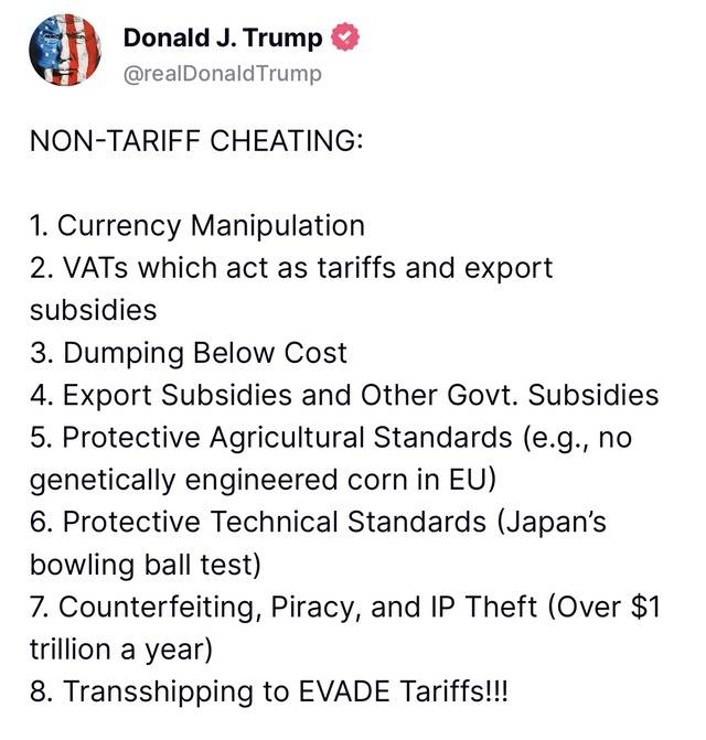 도널드 트럼프 미국 대통령이 20일 ‘트루스소셜’에 올린 글에서 각국의 ‘보호 농업 기준’을 8대 비관세 부정행위 중 하나로 꼽았다. 트루스소셜 캡쳐