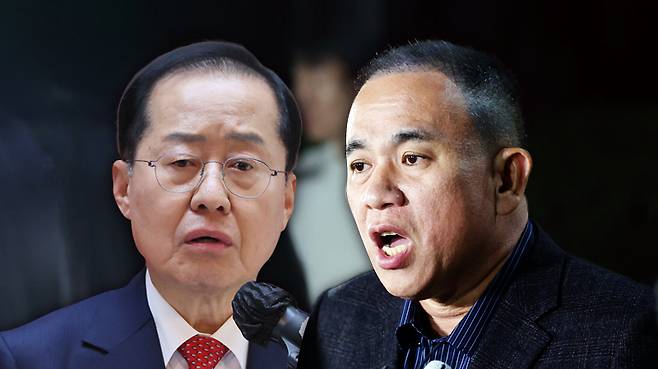 대선 출마를 선언한 홍준표 전 대구시장이 '정치 브로커' 명태균씨로부터 여론조사 결과를 대면 보고받은 정황이 공개됐다. 홍 전 시장 최측근과 명씨의 카카오톡에서 '2021년 4월19일 홍준표-명태균 미팅 일정'이라는 메시지가 나오면서다. ⓒ시사저널 양선영 디자이너·연합뉴스