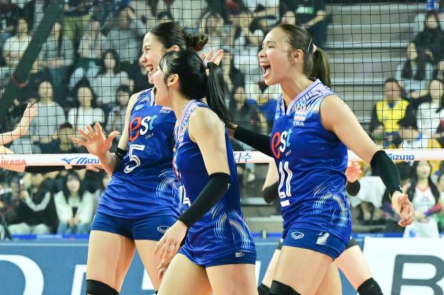 태국 올스타팀이 20일 경기 화성종합경기타운 실내체육관에서 열린 '2025 한국-태국 여자배구 올스타 슈퍼매치' 2차전에서 득점 후 기뻐하고 있다. /사진=한국배구연맹 제공