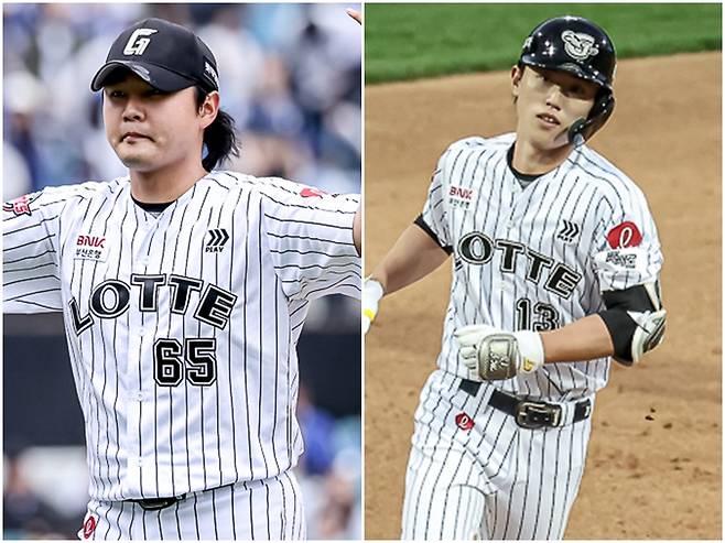 2025 시즌 롯데 자이언츠 유니폼을 입고 나란히 좋은 활약을 펼치고 있는 투수 정철원(오른쪽)과 내야수 전민재. 사진 롯데 자이언츠