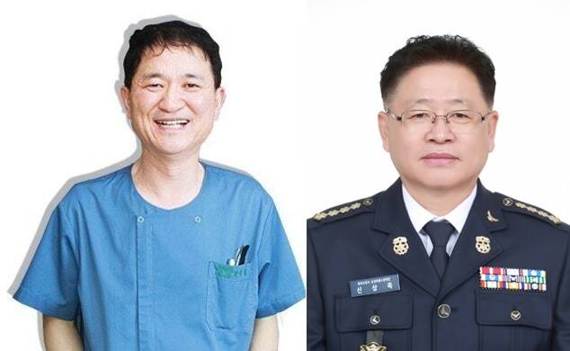 윤성일 정형외과의원 원장(왼쪽)과 신상욱 홍천읍남성의용소방대장 [홍천소방서 제공. 재판매 및 DB 금지]