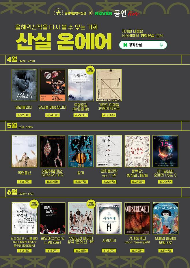 17회 창작산실 ‘산실 온에어’ 네이버TV 중계 라인업(한국문화예술위원회 제공)