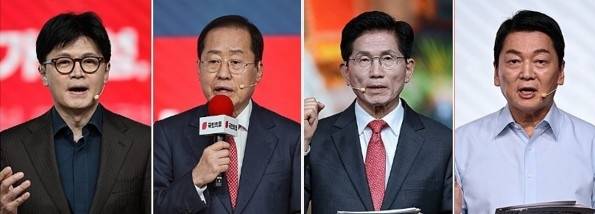 국민의힘의 제21대 대선 후보 2차 경선 진출자들이 22일 결정됐다. 왼쪽부터 한동훈·홍준표·김문수·안철수 후보.