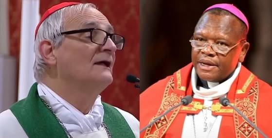 차기 교황 후보로 거론되는 추기경들. 왼쪽부터 이탈리아의 마테오 마리아 주피 추기경, 콩고민주공화국의 프리돌린 암봉고 베순구 추기경. 사진 유튜브 캡처