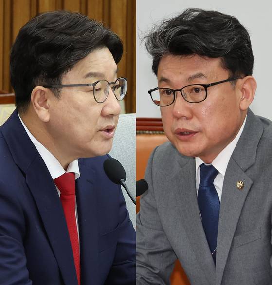 권성동 국민의힘 내대표(왼쪽)가 22일 국회에서 열린 원내대책회의에서 발언하고 있다. 오른쪽은 이날 국회에서 열린 더불어민주당 원내대책회의에서 발언하고 있는 진성준 정책위의장. 연합뉴스