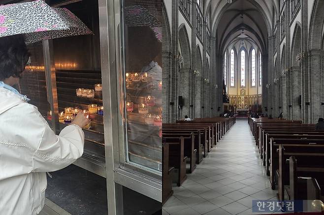 명동대성당에서 한 시민이 봉헌초를 켜는 모습(왼쪽)과 명동대성당(오른쪽). /사진=이민형 기자